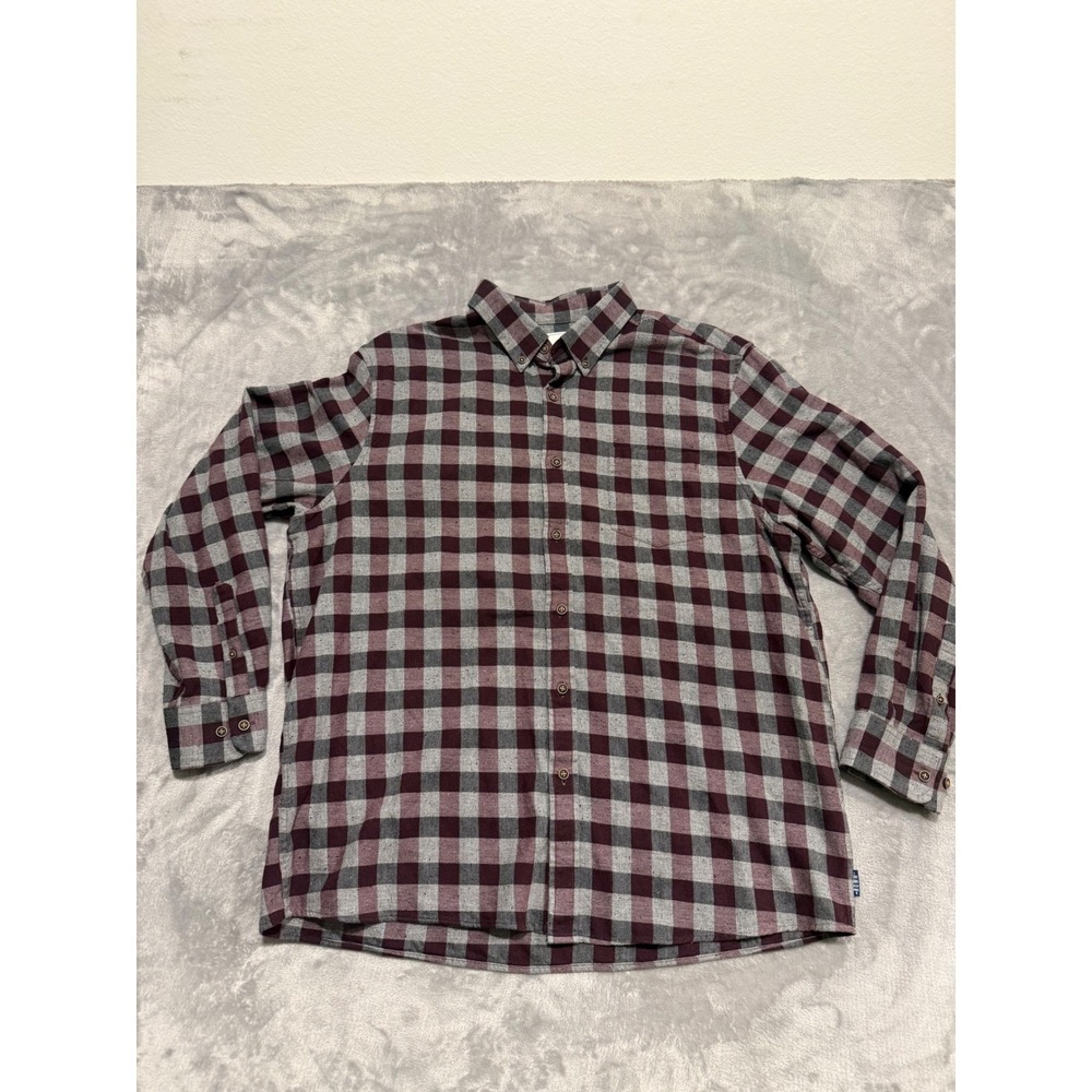 ROWM Button Down Shirt Mens XL Maroon Gray Plaid Flannel Long Sleeve Casual